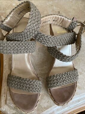 Stuart Weitzman Braided Taupe Espadrille Wedge Sandals